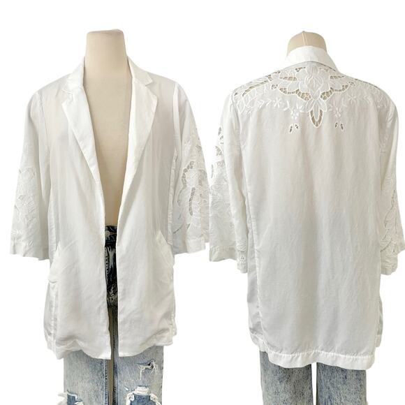 Kobi Halperin Torie Jacket Blazer Linen Blend Floral Eyelet Embroidery White M - Picture 1 of 11